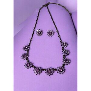 Vintage Avon Pink Purple Floral Necklace Earrings Gift Set Rhinestone Jewelry 3x
